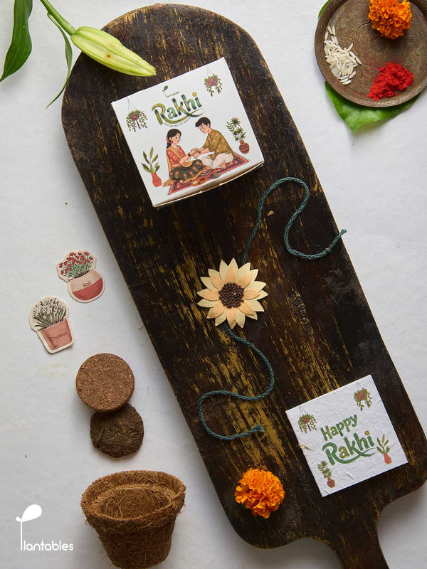 Sunflower Rakhi Planting Kit with seed paper greeting card, roli chawal pockets and coir pot