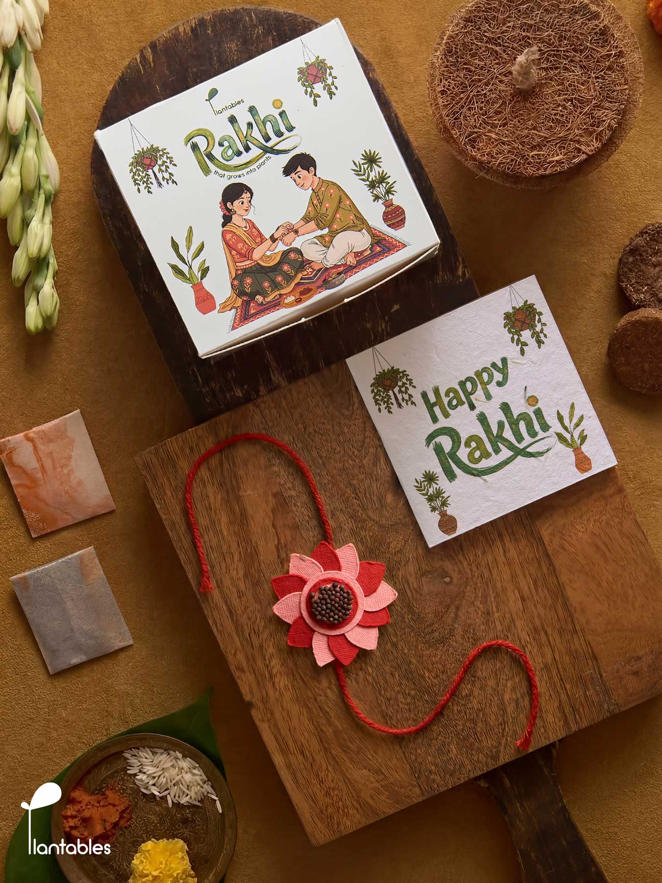 Whorlwind Rakhi Planting Kit, layered petal rakhi with seed paper greeting card, roli chawal pockets and coir pot